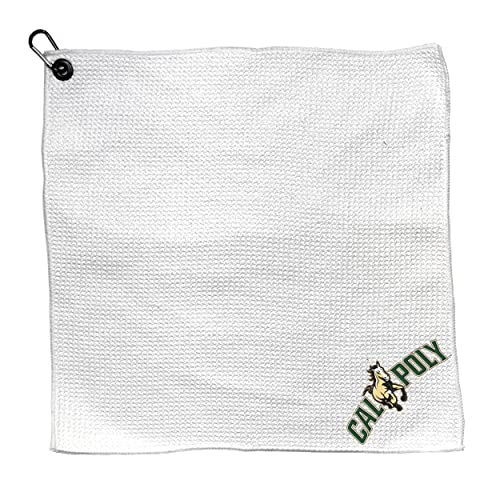Team Golf NCAA Cal Poly ST Microfiber Towel - 15" X 15" (White) with Carabiner Clip, Premium Microfiber with Deep Waffle Pockets - Superior Water Absorption and Quick Dry Golf Cleaning Towel