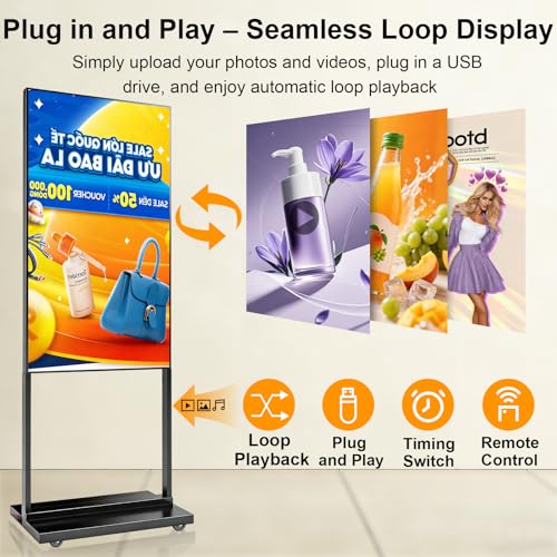 Image of 55 inch 4K Inch Floor Standing Digital Signage, 1000nits High Brightness Advertising Display, Digital Signage with CMS /U-Disk Plug&Play, Split Screen, 7 /24 Timer Switch,HDMI /USB /WiFi /Android OS