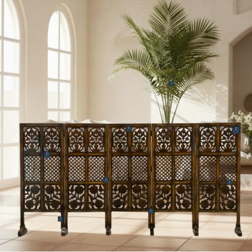 Image of Wooden Room Partition Screen with Burnt Wood Finish | Hand Buffed Traditional Handicraft Room Divider | Indoor Room Separator | Puja Room Divider (5 Panel 4 Feet with Stands)