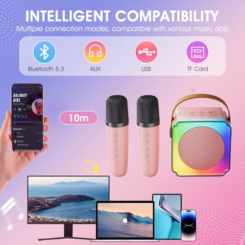 Lavliy Karaoke Machines Kids Toys Age 3-12 Year Old Girl Gifts for 3-12 Year Olds Girls Toys Age 3-12, Mini Karaoke Machine 2 Microphones for Kids Microphone Gifts for Girls Birthday Presents (Pink) - Image 2