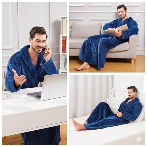 Image of FashGudim Mens Robes Big and Tall Full Length Plush Fleece Long Robe for Men Bathrobe Shawl Collar Warm Winter House Robes