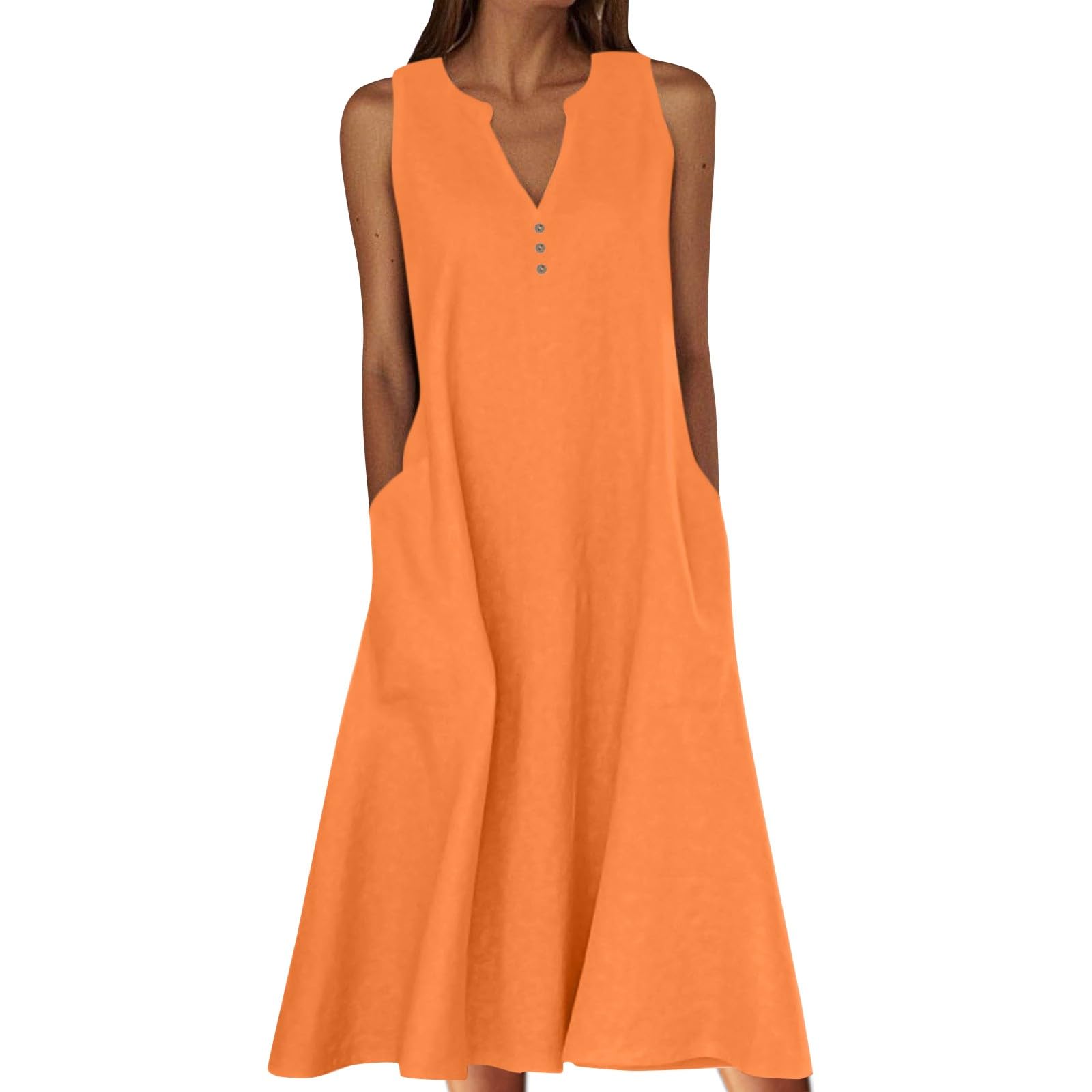 Angxiwan Beach Dresses for Women Summer Dresses for Women UK Beach Loose Fit Sleeveless Linen Sundresses with Pockets Plus Size V-Neck A Line Maxi Womens Summer Cotton UK