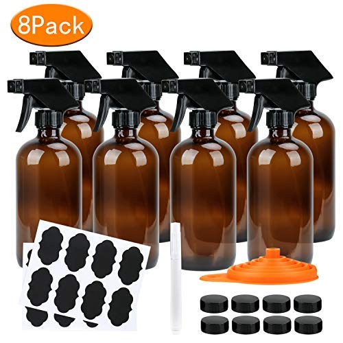 RUCKAE Empty Amber Glass Spray Bottle(8 Pack),with Labels,Pen and Funnel,16 oz Refillable Container for Essential Oils，Cleaning Products or Aromatherapy,Black Trigger Sprayer