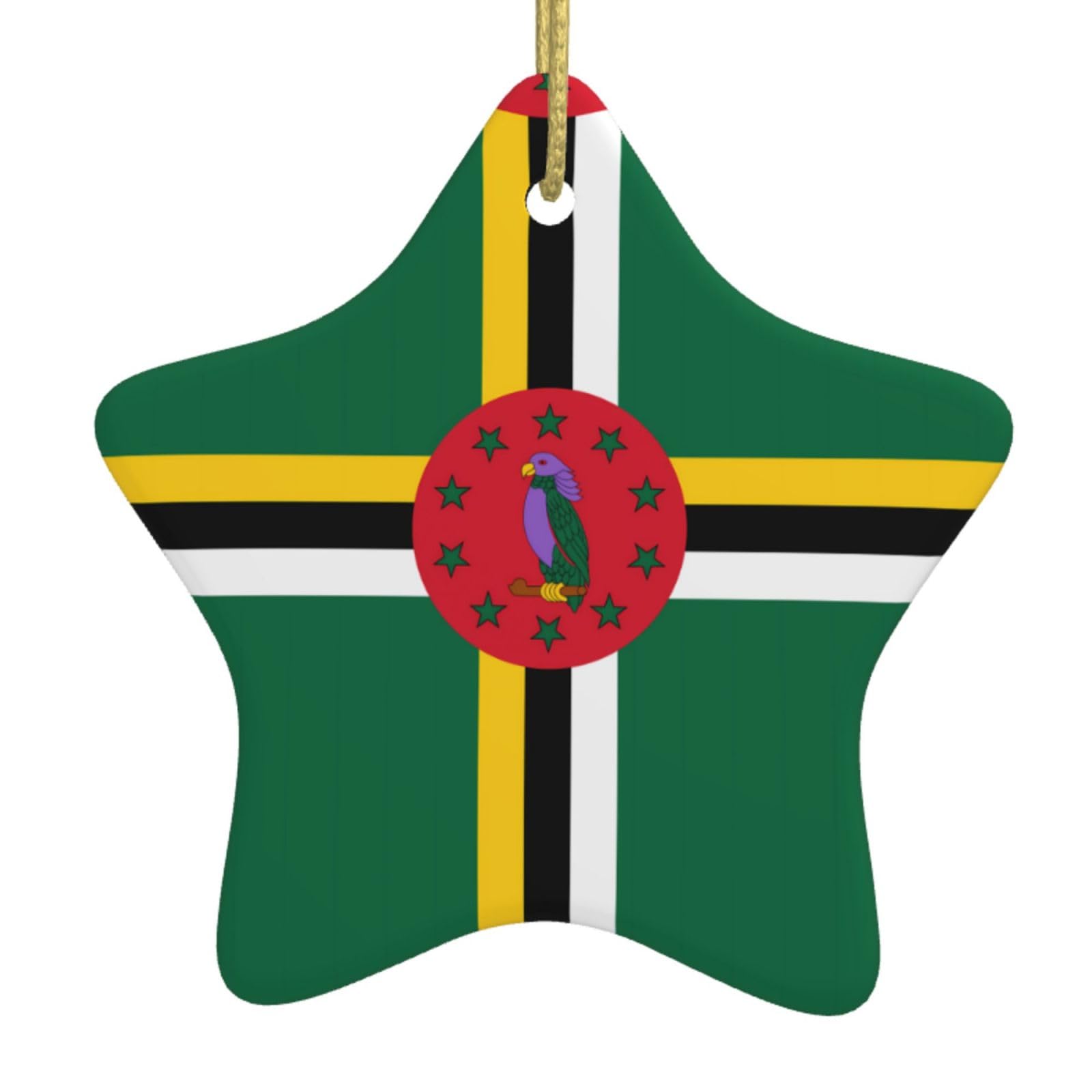 Flag of The Commonwealth of Dominica Christmas Ceramic Star Pendant with Punched Holes and Gold Wire Rope, Christmas Tree Home Decoration