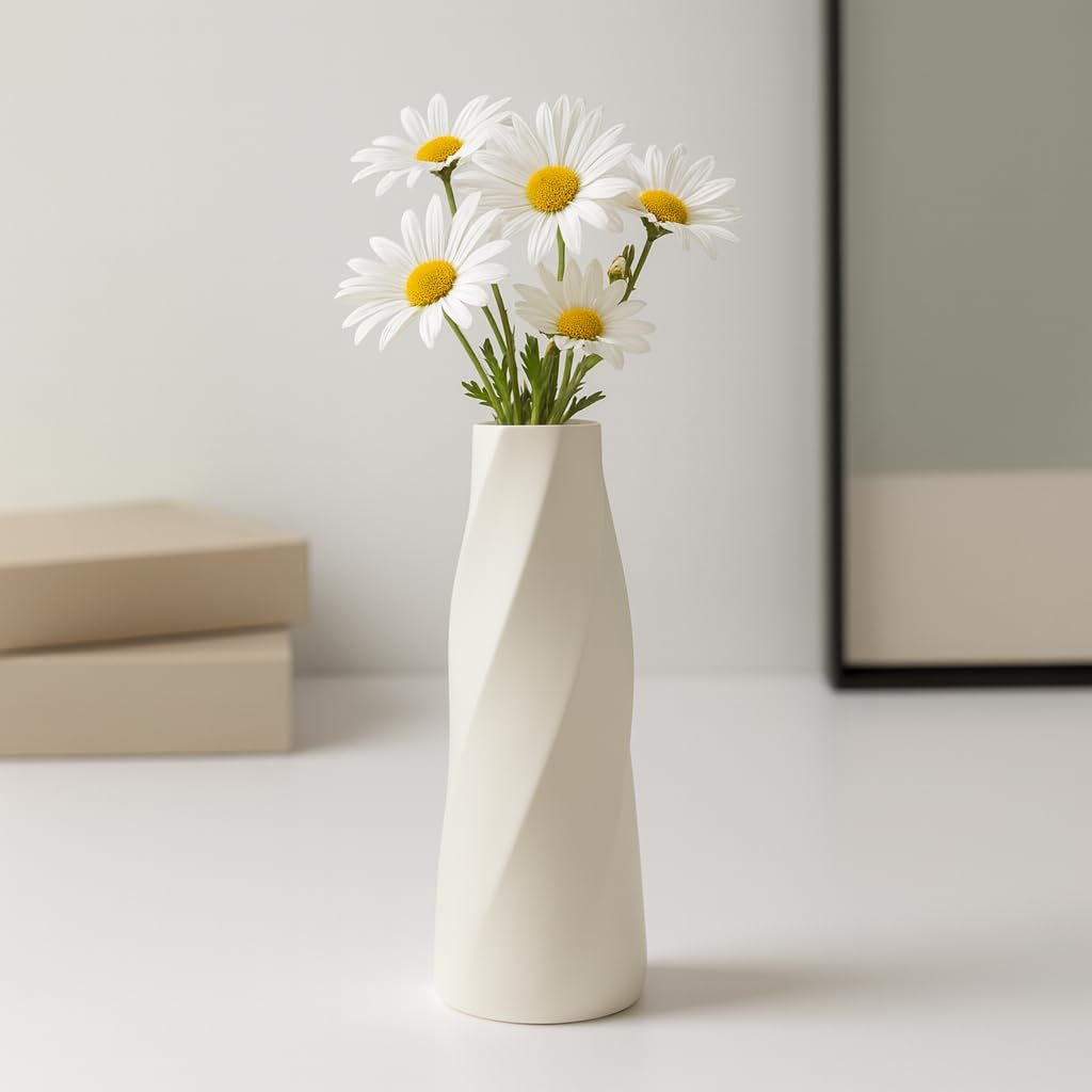 Vendola Plastic Flower Vase for Living Room for Home Décor, Home Decoration Items, Ceramic-Look Lightweight & Unbreakable Flower Pot, Modern Decorative Planter for Table, Bedroom, Living Room (White)