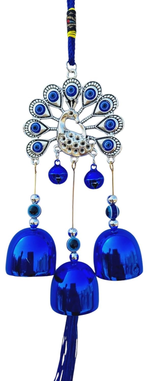 Evil Eye Wall Hanging with Bells, Peacock and Tree of Life Design, Traditional Wind Chime for Home Entrance, Silver and Blue,-image-46
