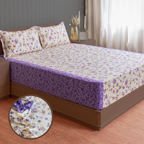 Image of Swayam Pure Cotton King Fitted Bedsheet with 2 Pillow Covers | Size 72 x 78 x 10 inch | 160 TC | Floral Design | Soft Breathable Bed Sheet | Comfortable & Durable for Bedroom - Cream & Purple