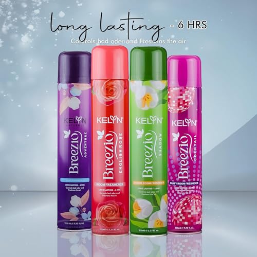 Image of KELYN Room Freshener Spray - Air Freshener for Bedroom (Pack Of 4,230Ml Each) - Anti Tobacco, Jasmine, Cocktail & English Rose | Long Lasting Room Spray for Home, Office, Car