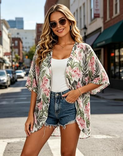 Image of FINOCEANS Womens Floral Chiffon Kimono Cardigans Loose Beach Cover Up Half Sleeve Tops