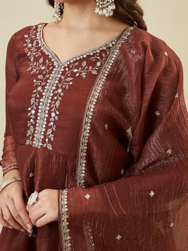 Image of MOKOSH Women's Silk Embroidery Peplum Kurta Sharara with Dupatta | Anarkali Kurta Set | Sweetheart Neck Full Sleeve Ethnic Suit | 3 Piece Outfit | Indian Kurta Outfit With Sharara