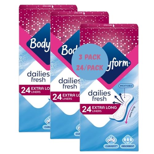 Extra Long Panty Liners for Women | 3 Pack x 24 Body Form Panty Liners Extra Long Dailies per Pack