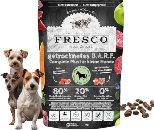 FRESCO Dog Trockenbarf Complete Plus Pferd | 1 kg | Trockenbarf für Kleine Hunde | Bestehend aus reinem Muskelfleisch, Innereien und Calcium-Knochen vom Pferd sowie Obst, Gemüse und Öl