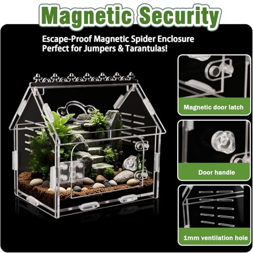Image of Jumping Spider Enclosure - 5.9 inchx3.9 inchx5.1 inch Magnetic Acrylic Terrarium Kit for Tarantula, Mantis and Reptiles, Escape-Proof Habitat with Secure Latches & Ventilation, Clear Invertebrate Breeding Cage