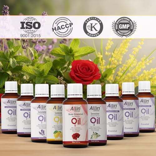 Image of Allin Exporters 9 in 1 Aroma Oil Combo Pack- Lavender, Rose, Citronella, Eucalyptus, Peppermint, Sandalwood, Lemon Grass, Lemon, Jasmine (9 x 15ml) Essential Oil for Home Fragrance, Aromatherapy