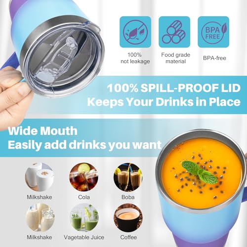 Image of 30 oz Tumbler with Handle, Stainless Steel Insulated Tumbler with Lid and Straw, Double Wall Vacuum Insulated Coffee Mug Tumbler, Insulated Coffee Thermal Cup for Cold and Hot (Blue Purple)