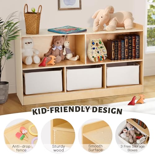 Montessori Shelf with Storage Boxes, Wooden Toy Storage Organizer for Books Toys, 2 Shelf Bookcase, 5-Section Storage Cabinet, Toddler Book Shelf for Kids Rooms, Playroom, Nursery, Kindergarten - Image 5