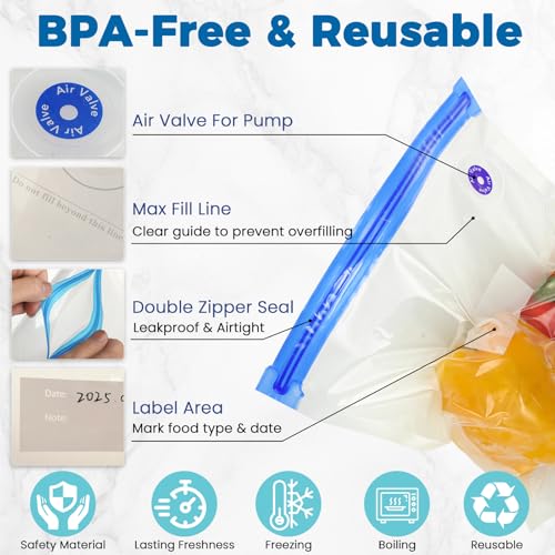 ZABINS 60PCS Reusable Vacuum Sealer Bags with Sealing Clips - BPA-Free Sous Vide Food Storage Bags in 3 Sizes, Air Valve & Leak-Proof Design, for Freezer, Meal Prep, and Travel (Sealer Not Included)