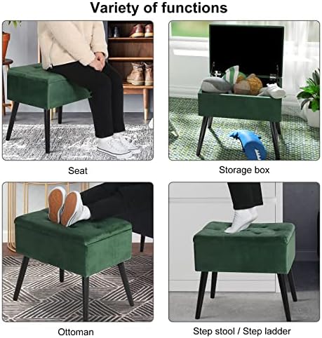 WOLTU Storage Ottoman Chair Stool Dark Green Upholstered Footstool Velvet Bench Dressing Table Stool Pouf Couch Stool Wood Legs Removable Cover, 50x35x45cm(LxWxH)