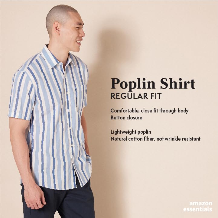 Image of Amazon Essentials Men's Regular-Fit Short-Sleeve Poplin Shirt, Collared, Washed