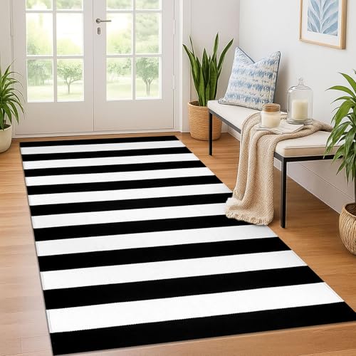 KOZYFLY Black and White Striped Area Rug 4x6 Ft Outdoor Rug Washable Indoor Outdoor Rug Hand Woven Cotton Door Mat Outdoor Entrance Mat for Front Door Kitchen Entryway Patio Front Porch Decor