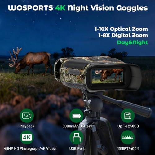 Image of WOSPORTS 4K Night Vision Goggles- 10X Optical & 8X Digital Zoom, 1315FT Infrared Range, Rechargeable 5000mAh Battery, IPX Waterproof, Ideal for Camping Camo