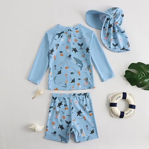 UUAISSO Ensemble Maillot de Bain Une Pièce à Manches Longues Bébé Garçon avec Chapeau de Soleil Idéal pour Les Vacances Bleu de mer 2-3 Ans – vue 4