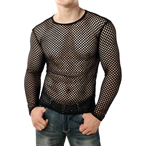 Men's Sexy Fishnet Shirts Long Sleeve See Through Workout Muscle Top Casual Slim Fit Crew Neck Vintage Mesh Party Clubwear2