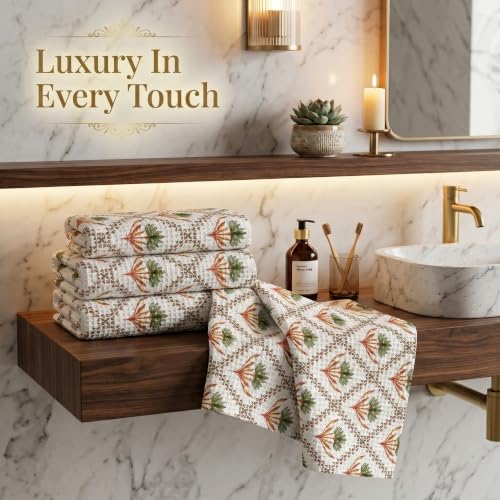 Image of Mafatlal Madhuban Festive Towel Set for Gifting | 250 GSM | 4 Textured Waffle Hand Towels 76 x 38 cm | Bathing, Body Cleansing & Gentle Scrubbing Towels | Teal Green