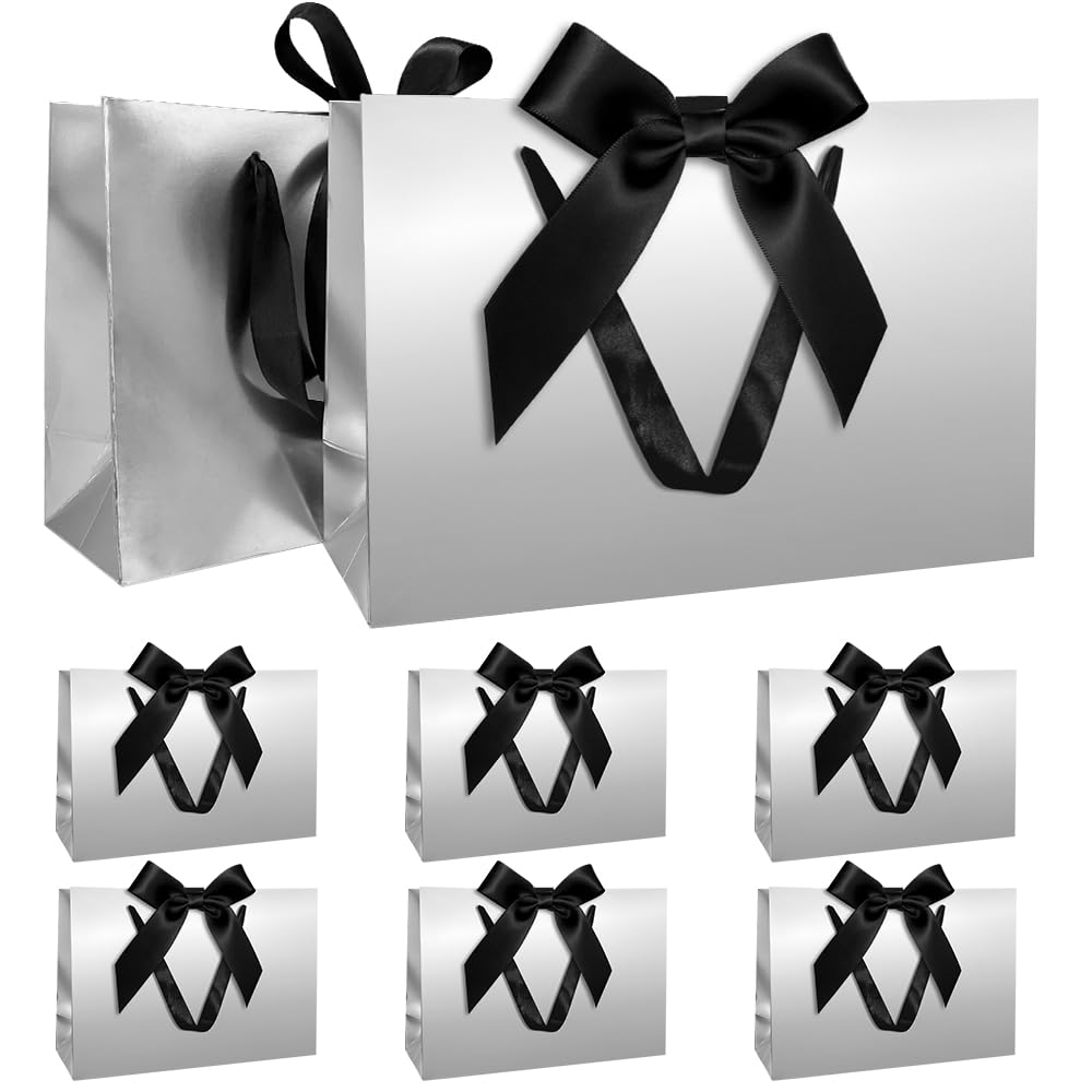 Geschenktüten Set, Silber Geschenktüte mit Schleife Geschenktüte mit Henkel 8 Stück 30x20x10cm Geschenktüten für Weihnachten Geburtstag Hochzeit