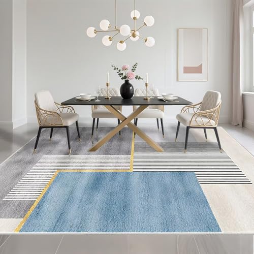 Tapis de salon lavable 80x150 cm bleu-gris à rayures - 6