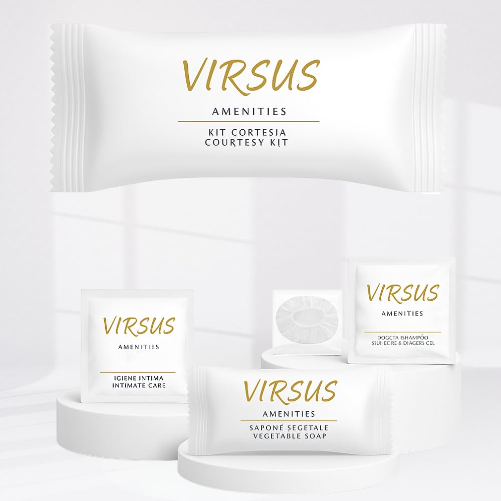 Virsus 200 Pezzi Kit Cortesia in 50 Bustine contenente ognuna: 1 Bustina Igiene intima 10ml, 1 Bustina Doccia Shampoo 10ml, 1 Saponetta 9gr, 1 cuffia monouso per Albergo Hotel B&B, Linea cortesia