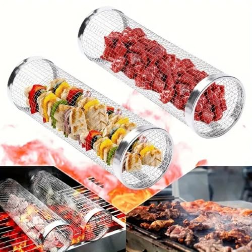 3PCS Cage +Fork + Hook BBQ Grill Basket with Rolling Lid, 304 Stainless Steel Vegetable Grill Net Tube for Gas/Electric/Charcoal Grills, Dishwasher Safe
