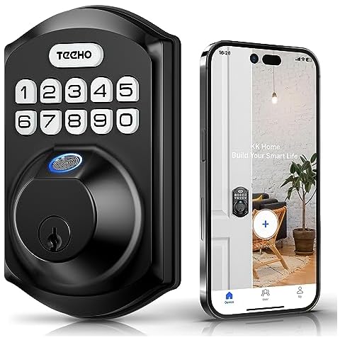 TEEHO TE002W Fingerprint Door Lock: Keyless Entry Smart Deadbolt Lock for Front Door, Remotely Share Temporary PIN Code, Easy Installation, BHMA Cert, Matte Black Cover