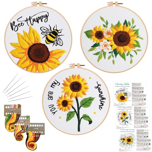 Image of Louise Maelys 3 Sets Sunflowers Embroidery Kit for Beginners,Cross Stitch Kits for Adults with Summer Flowers Bee Stamped Pattern,Starters Needlepoint with Embroidery Instruction