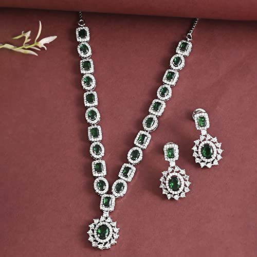 Voylla Green & CZ Brass Plated Jewellery Set