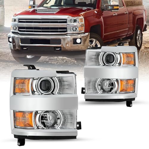 JSBOYAT Fits 2015-2019 Chevy Silverado 2500 3500 HD Halogen Headlight Assembly Factory OE Style Projector Headlamp Replacement LH+RH Pair Chrome Housing