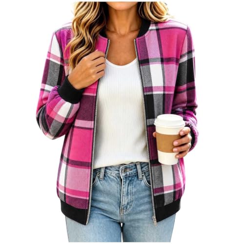 Bomber Jacket for Women 2030 Lightweight Trendy Zip Up Plaid Flannel Coat - image 7