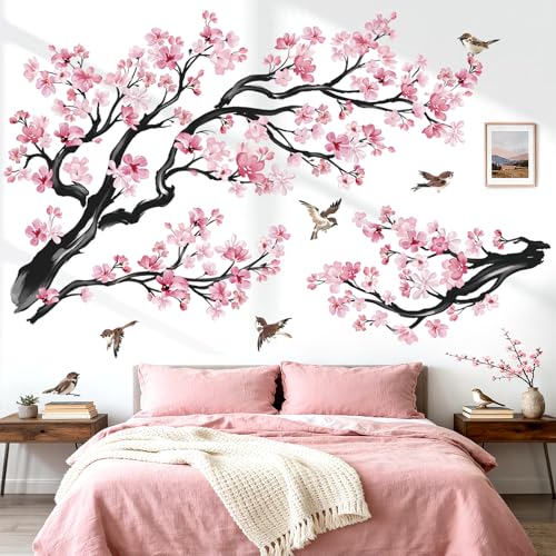 wondever Stickers Muraux Grand Branche de Fleurs Rose Autocollants Muraux Mural Stickers Cerisier Floral Branche Arbre Oiseaux pour Chambre Salon Mur TV