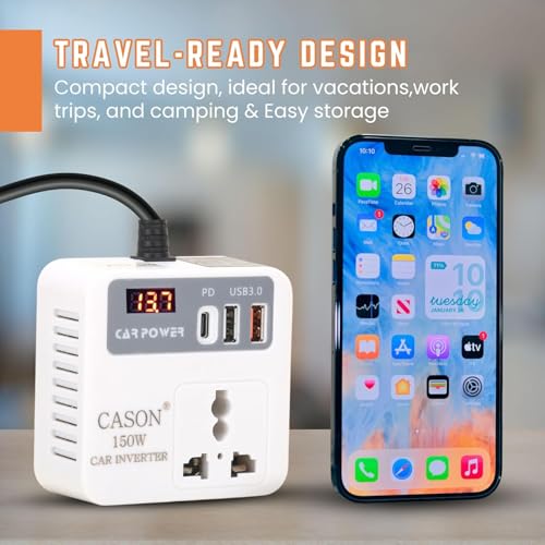 Image of Cason 150W Fast Charging Car Charger for Mobiles,Laptop /Power Inverter with 2 USB (3.1A Max) + 1 C Type Smart USB Charging Ports, 12V DC to 220V AC Converter (with Socket)