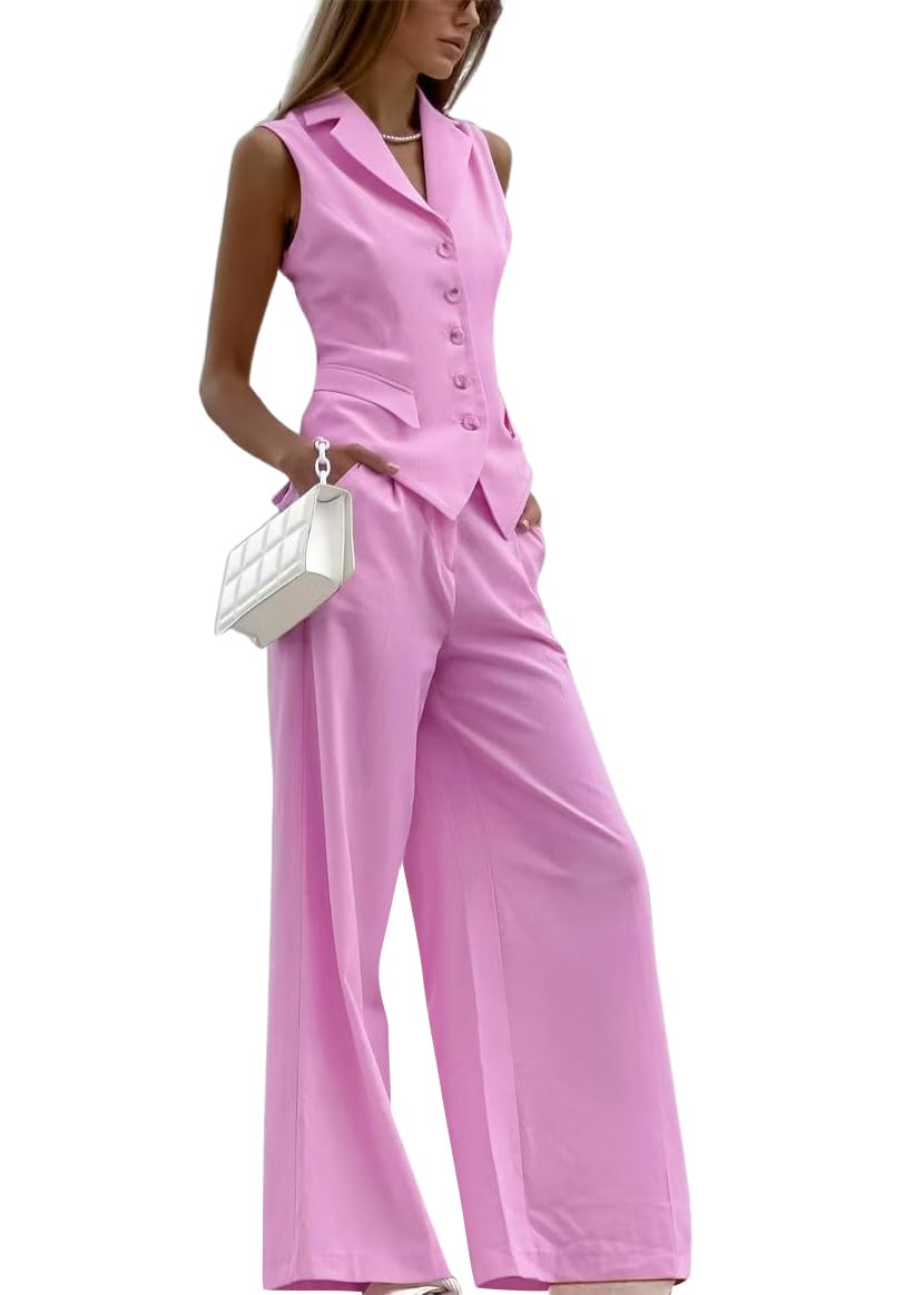 shownicer Hosenanzug Damen Zweiteiliger Anzug Set Revers Büro Elegant V-Ausschnitt Ärmellos Blazer Weste und Hose 2 Stück Casual Outfit Sets Festlich Streetwear