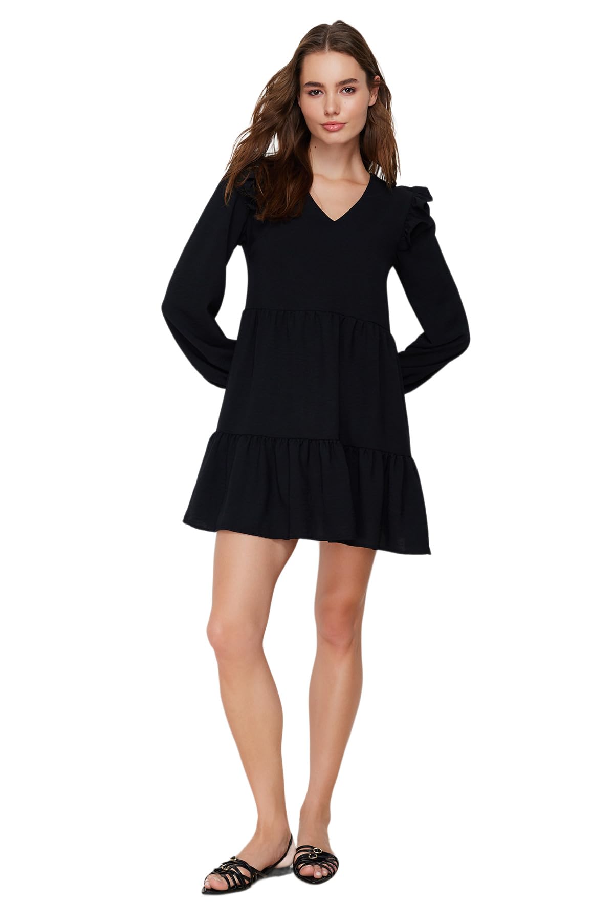 Trendyol Women's Petite Mini Shift Regular fit Woven Dress, Black, 34