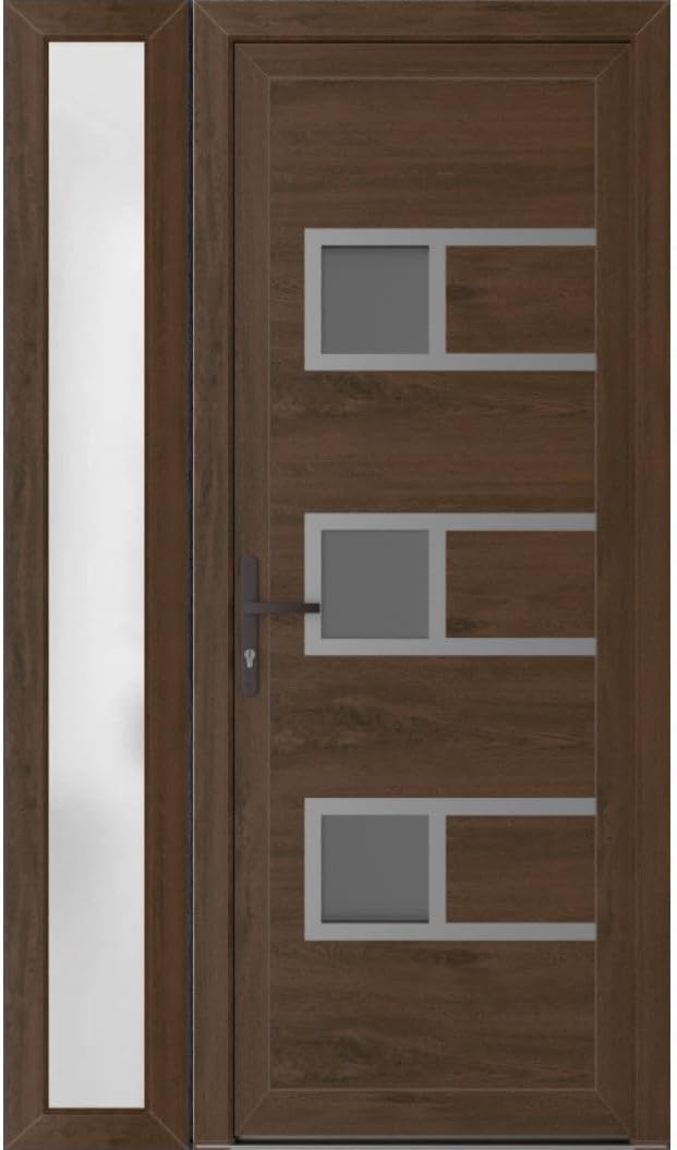 Modern Walnut Metal Exterior Door with Frosted Glass Sidelite