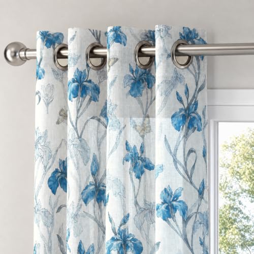 Image of HOKIPO Iris Sheer Curtain 7 Feet Long 1 Panel, Floral Print, Blue