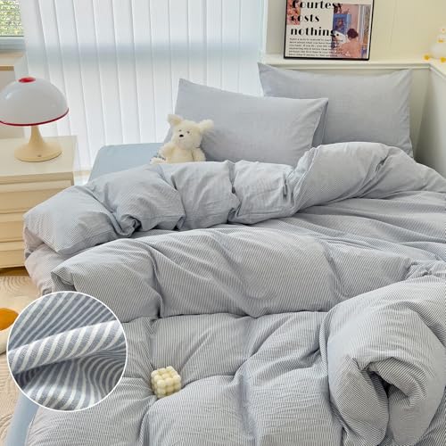 Image of mixinni Striped Duvet Cover Set- 100% Washed Cotton Blue Comforter Cover with White Pinstripe Stripes Pattern Printed Bedding Set with Zipper Closure, 3 Pieces,Full Size