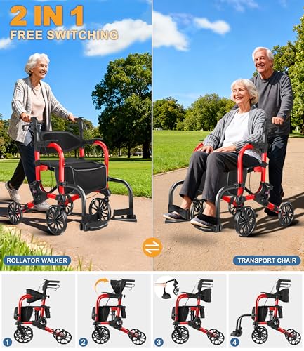 Image of Foldable Rollator Walker with Seat for Seniors & Adults Lightweight 2-in-1 Walker and Wheelchair Combo Adjustable Handle Height Transport Chair with Brakes 300 lbs Weight Capacity