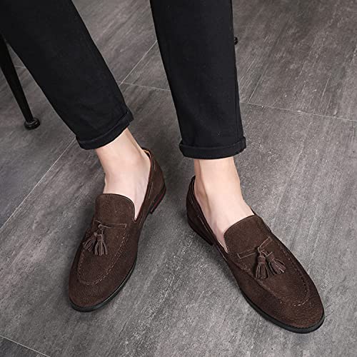 CMM Men's Suede Slippers Loafers Dress Shoes with Tassel Flats Slip-on Prom Loafer Coffee 104