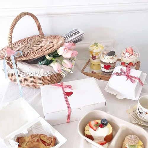 Wnvivi Wicker Picnic Basket with Lid,Country Style Picnic Basket with Handle and Folding Lid,Hand-Woven Storage Hamper for Outdoor Party,BBQ,Camping(White)