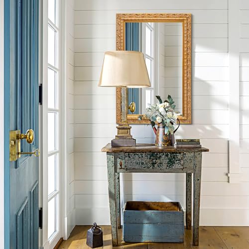 Image of 37 inchx25.2 inch Vintage Gold Decorative Wall Mirror, Bathroom Mirror for Wall, Bedroom /Entryway /Side Cabinet, Solid Wood Frame Decor with Foil Embossed Design