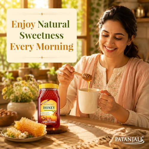 Image of Patanjali Pure Natural Honey 500g - No Added Sugar Raw Natural Bee Madhu Honey | No Artificial Colour | Ideal for Eating Cooking & Daily Wellness Use