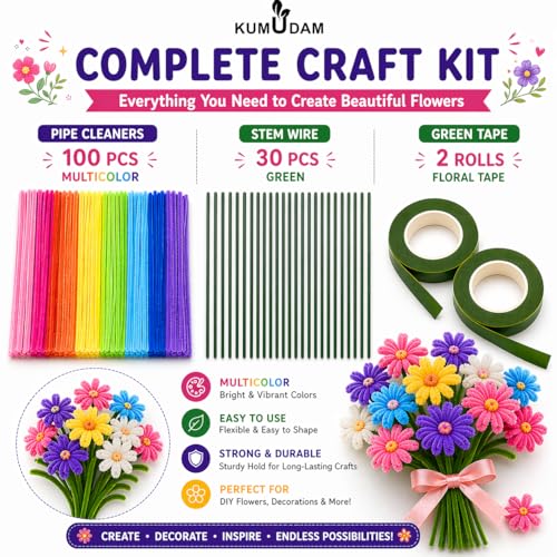 Image of Pipe Cleaners for Craft Flower Making Set, Fuzzy Chenille Stems and Fluffy Sticks with Floral Tape and Wire, for Kids Arts and Crafts, (pipe cleaners-100 /stem wire-30 /green tape-2)